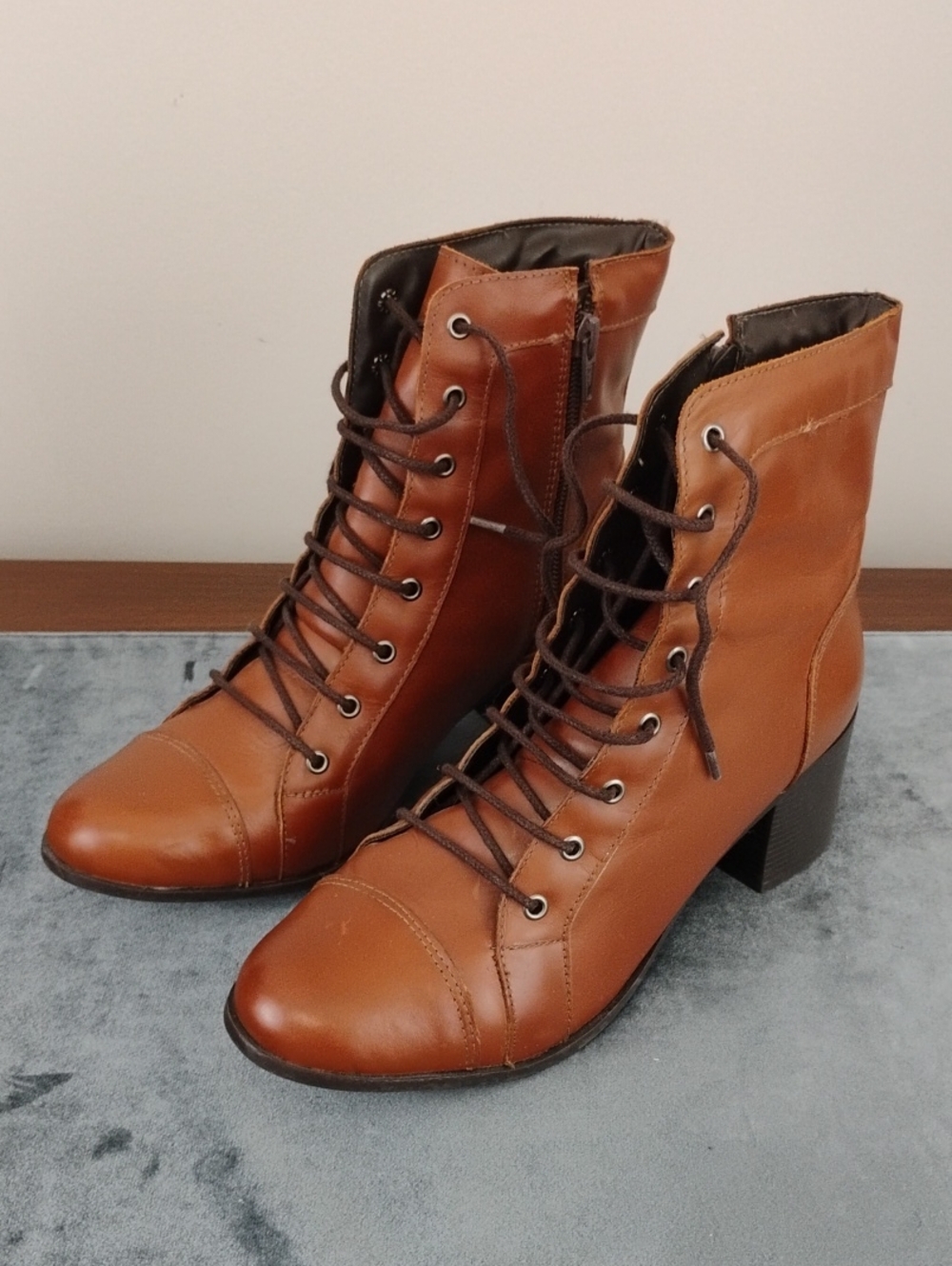 Rangali Brazilian Leather Mid Heel Victorian Lace Up Ankle Boots Cognac Brown